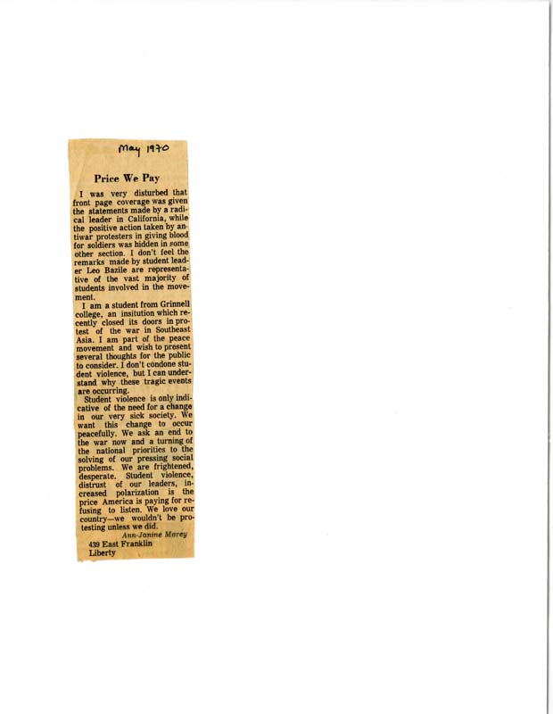 Morey wrote to the editor of the Star or Liberty News. She states that the newspaper's coverage of a "radical leader in California" over the blood donations of anti-war activists was not representative of most anti-war protestors. 