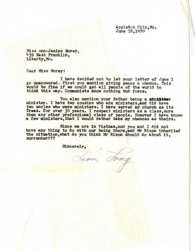 Long writes to Morey, citing that "communists know nothing but force" and asking "what do you think Mr. Nixon should do about it, surrender???"