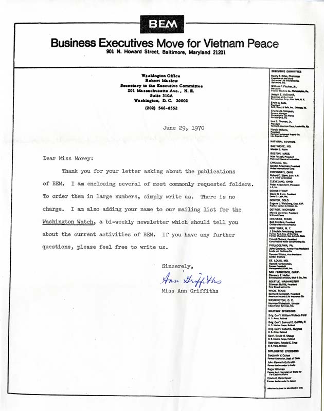 Ann Griffiths from BEM responds to Morey's request for materials. 