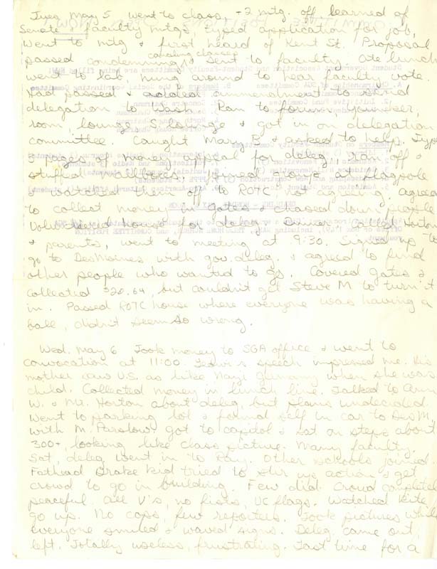 Journal entries discussing the activities Bev and other students participated in after the shooting at Kent State. She wrote on the back of other materials that were passed around campus at the time, such as a list of background reading for the conference on the working class and Glenn Leggett's memo about labor negotiations. 