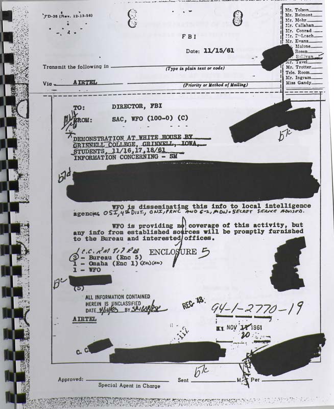 FBI Airtel communication dated November 15, 1961. It details a demonstration at the White House by students from Grinnell College, Grinnell, Iowa, scheduled for November 16-18, 1961. The communication is addressed to the Director of the FBI and disseminates information to various local intelligence agencies, including OSI, ONI, and the Secret Service. The document mentions that the Washington Field Office (WFO) will not provide coverage of the activity but will promptly furnish any information from established sources to the Bureau and interested offices.