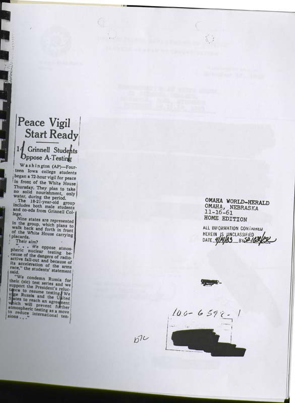 The FBI collected newspaper clipping about the Grinnell 14 as part of their monitoring of the group. 