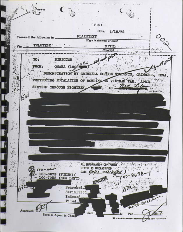 FBI teletype communication dated April 18, 1972. It discusses a demonstration by students from Grinnell College, Grinnell, Iowa, protesting the escalation of bombing in the Vietnam War. The demonstration took place from April 16 through April 18. The communication is addressed to the Director of the FBI and originates from the Omaha office. It mentions that all information contained in the document is unclassified and includes references to the "New Left." The document is marked as sensitive.  The document notes that no violence has been reported and no arrests have been made. The information has been disseminated to various agencies, including the Secret Service, Des Moines Police Department, Iowa Bureau of Criminal Investigation, and Grinnell Police Department. Omaha will follow and report the activities of the demonstrators.