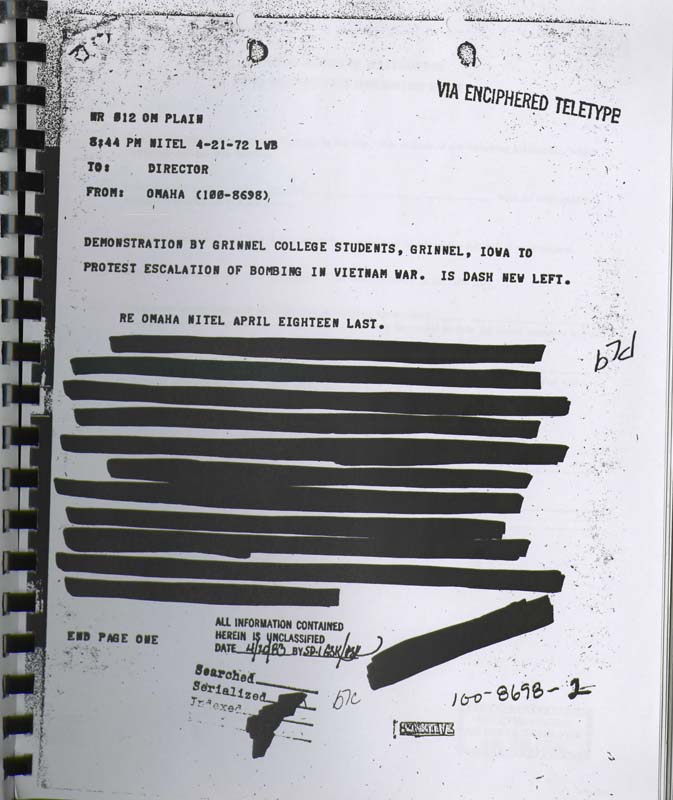 This file is mostly redacted after title. The communication is addressed to the Director of the FBI and originates from the Omaha office. It discusses a demonstration by students from Grinnell College, Grinnell, Iowa, protesting the escalation of bombing in the Vietnam War.