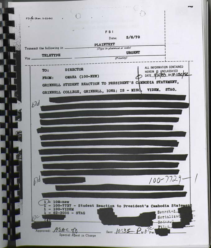 FBI teletype communication dated May 6, 1970. It discusses the reaction of Grinnell College students to the President's statement on Cambodia.