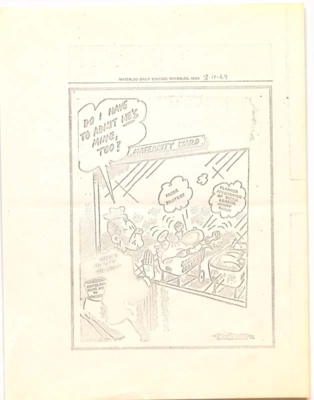 A Political cartoon shows a man labeled as "Iowa's private colleges" looking a maternity ward with a baby in a crib labelled "Grinnell College" and the thought-cloud above reading "Nude Protest"