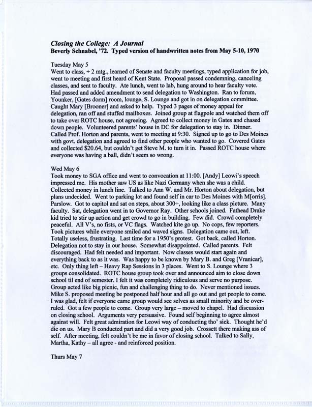 Journal entries discussing the activities Bev and other students participated in after the shooting at Kent