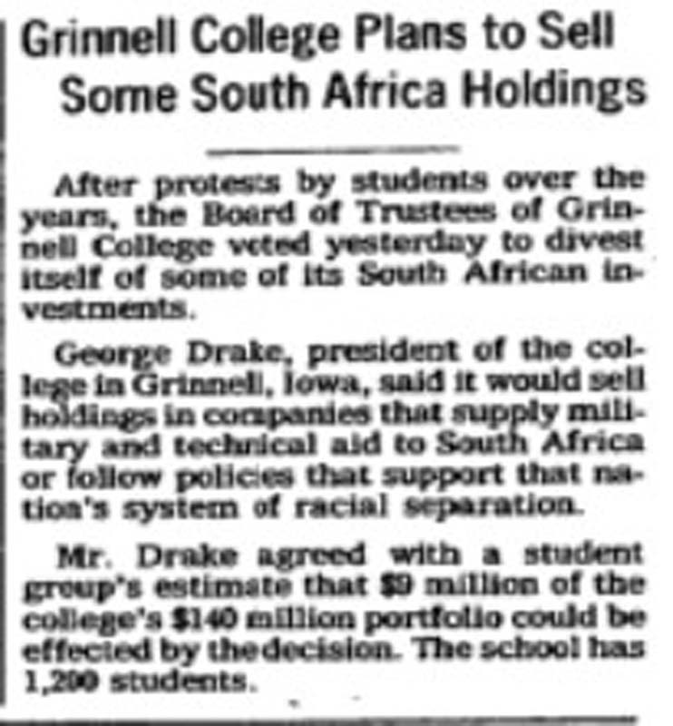 New York Times: "Grinnell College Plans to Sell Some South Africa Holdings"