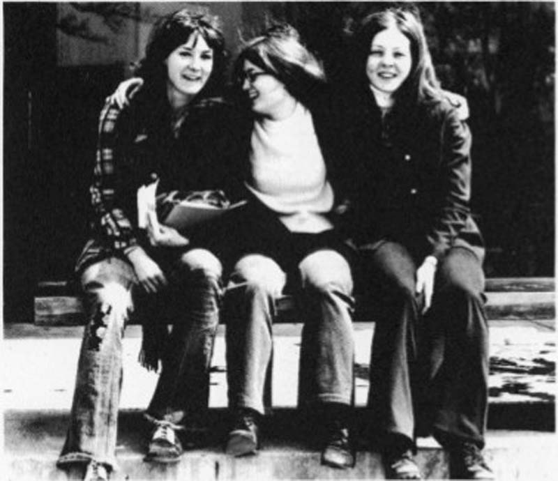 Photo of Ann-Janine (AJ) Morey '73 (Left) with Kathy McLaughlin and Chris Kirmaier in front of the Forum
