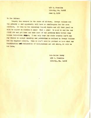 Morey writes to the editor about the "tragedy" in Alabama with primary victory of George Wallace. She stresses the hypocrisy of the war in Southeast Asia. 