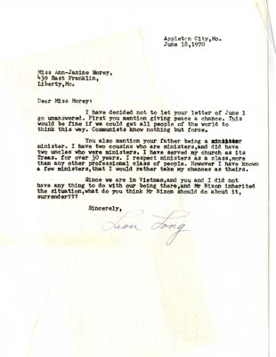 Long writes to Morey, citing that "communists know nothing but force" and asking "what do you think Mr. Nixon should do about it, surrender???"