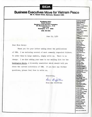 Ann Griffiths from BEM responds to Morey's request for materials. 