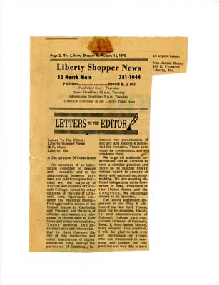 Clipping of Morey's contested Letter to the editor in the Liberty Shopper News. 