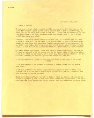 An open letter to the citizen of Grinnell, asking them to critically consider the war in Vietnam and what they can do to end it