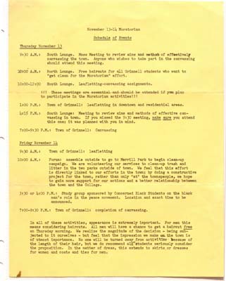 A schedule of the activist events scheduled for the Anti-Vietnam War Moratorium