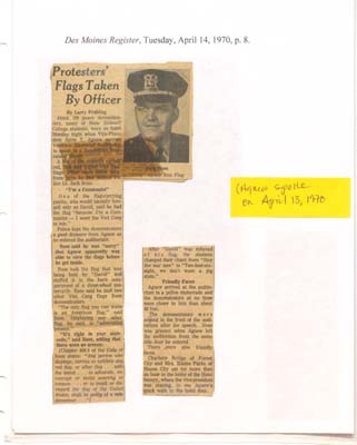 A Des Moines Register Article about an incident in Des Moines where Anti-War protestors, many of whom were Grinnell Students, demonstrated with Viet Cong flags at an event where VP Agnew was present. 