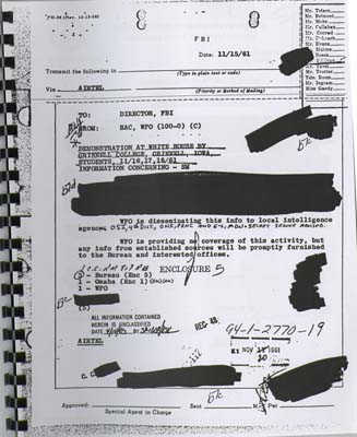 FBI Airtel communication dated November 15, 1961. It details a demonstration at the White House by students from Grinnell College, Grinnell, Iowa, scheduled for November 16-18, 1961. The communication is addressed to the Director of the FBI and disseminates information to various local intelligence agencies, including OSI, ONI, and the Secret Service. The document mentions that the Washington Field Office (WFO) will not provide coverage of the activity but will promptly furnish any information from established sources to the Bureau and interested offices.