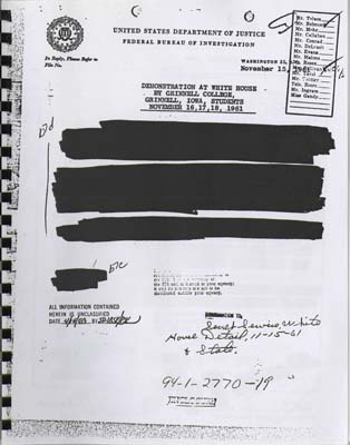  FBI communication dated November 15, 1961. It discusses a demonstration at the White House by students from Grinnell College, Grinnell, Iowa, scheduled for November 16-18, 1961. Most of the material is redacted. 