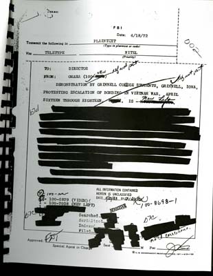 In this FBI teletype communication dated April 18, 1972, the only material not redacted it the title. It discusses a demonstration by students from Grinnell College, Grinnell, Iowa, protesting the escalation of bombing in the Vietnam War. The demonstration took place from April 16 through April 18.The communication is addressed to the Director of the FBI and originates from the Omaha office. It mentions that all information contained in the document is unclassified and includes references to the "New Left." The document is marked as sensitive