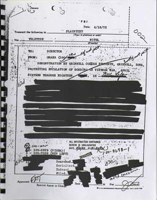 FBI teletype communication dated April 18, 1972. It discusses a demonstration by students from Grinnell College, Grinnell, Iowa, protesting the escalation of bombing in the Vietnam War. The demonstration took place from April 16 through April 18. The communication is addressed to the Director of the FBI and originates from the Omaha office. It mentions that all information contained in the document is unclassified and includes references to the "New Left." The document is marked as sensitive.  The document notes that no violence has been reported and no arrests have been made. The information has been disseminated to various agencies, including the Secret Service, Des Moines Police Department, Iowa Bureau of Criminal Investigation, and Grinnell Police Department. Omaha will follow and report the activities of the demonstrators.
