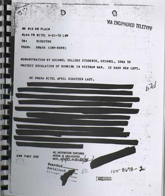 This file is mostly redacted after title. The communication is addressed to the Director of the FBI and originates from the Omaha office. It discusses a demonstration by students from Grinnell College, Grinnell, Iowa, protesting the escalation of bombing in the Vietnam War.