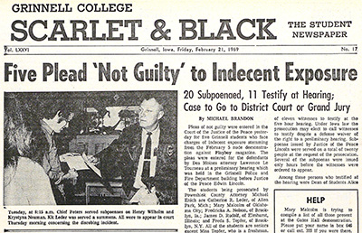 Pages 1 and 6 of this edition of the Scarlet and Black covers the first stage of legal proceedings against the students who participated in the Nude-In. 