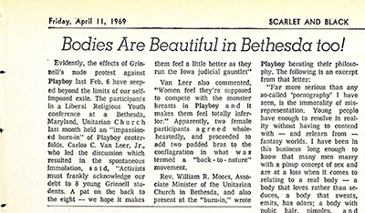 This article reports a "burn-in" of Playboy Magazine in Bethesda, MD that gave credit to the Grinnell Nude-in students. 