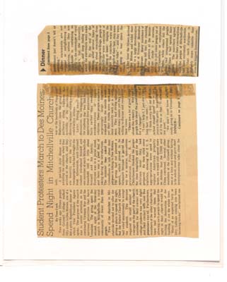 Newspaper clipping about Grinnell Students Marching to Des Moines 