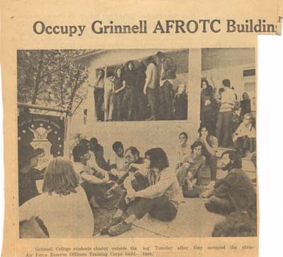 Newspaper clipping with image of students occupying the AFROTC building