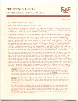An open letter to Alumni, parents and friends of Grinnell College from President of the College Glenn Leggett about the Playboy Incident