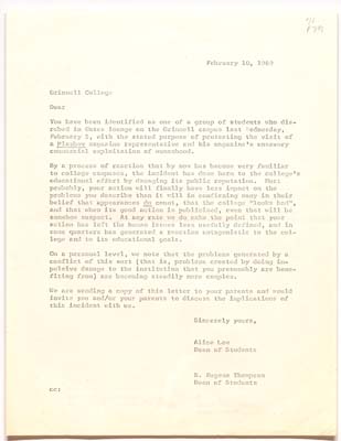 The unaddressed letter from Alice Low to participants of the disrobing discusses the negative affect the demonstration had on Grinnell's reputation