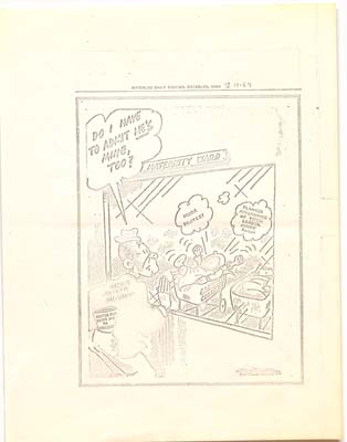 A Political cartoon shows a man labeled as "Iowa's private colleges" looking a maternity ward with a baby in a crib labelled "Grinnell College" and the thought-cloud above reading "Nude Protest"