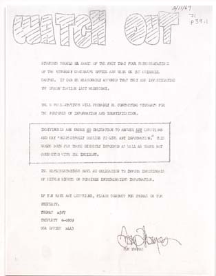 A flyer warning people of representatives from the Attorney General's office were investigating the nude-in. The flyer reminds students of their rights to not answer questions.