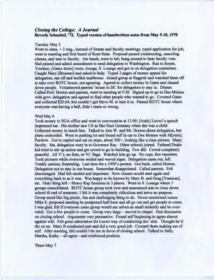 Journal entries discussing the activities Bev and other students participated in after the shooting at Kent