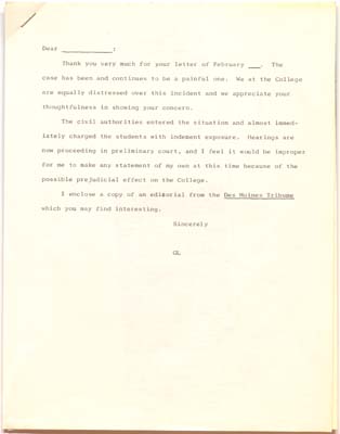 An unaddressed form letter, presumably to send as a response to letters received about the Playboy Incident, initialled by GL (Glen Leggett). Attached is a editorial from the Des Moines Tribune.