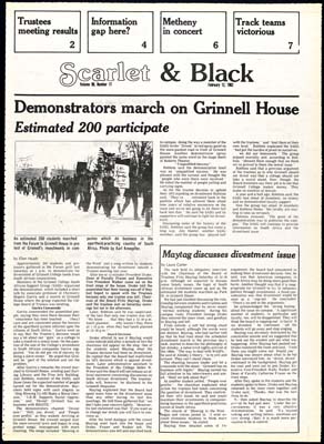 S&B: "Demonstrators march on Grinnell House: Estimated 200 Participate", "Trustees discuss tenure, divestment, budget: Maytag impressed by lack of violence at demonstration"