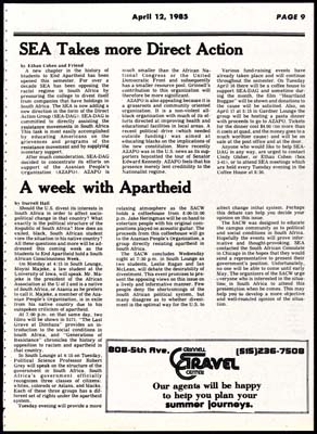 S&B: "SEA Takes more Direct Action"; "A week with Apartheid"