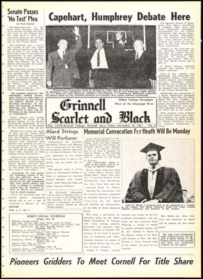 S&B: "Senate Passes 'No Test Plea'"; "Thirteen Travelers"; "Nuclear Issue Exploding"; "Thirteen Students Will Journey To Capital For Three-Day Fast"